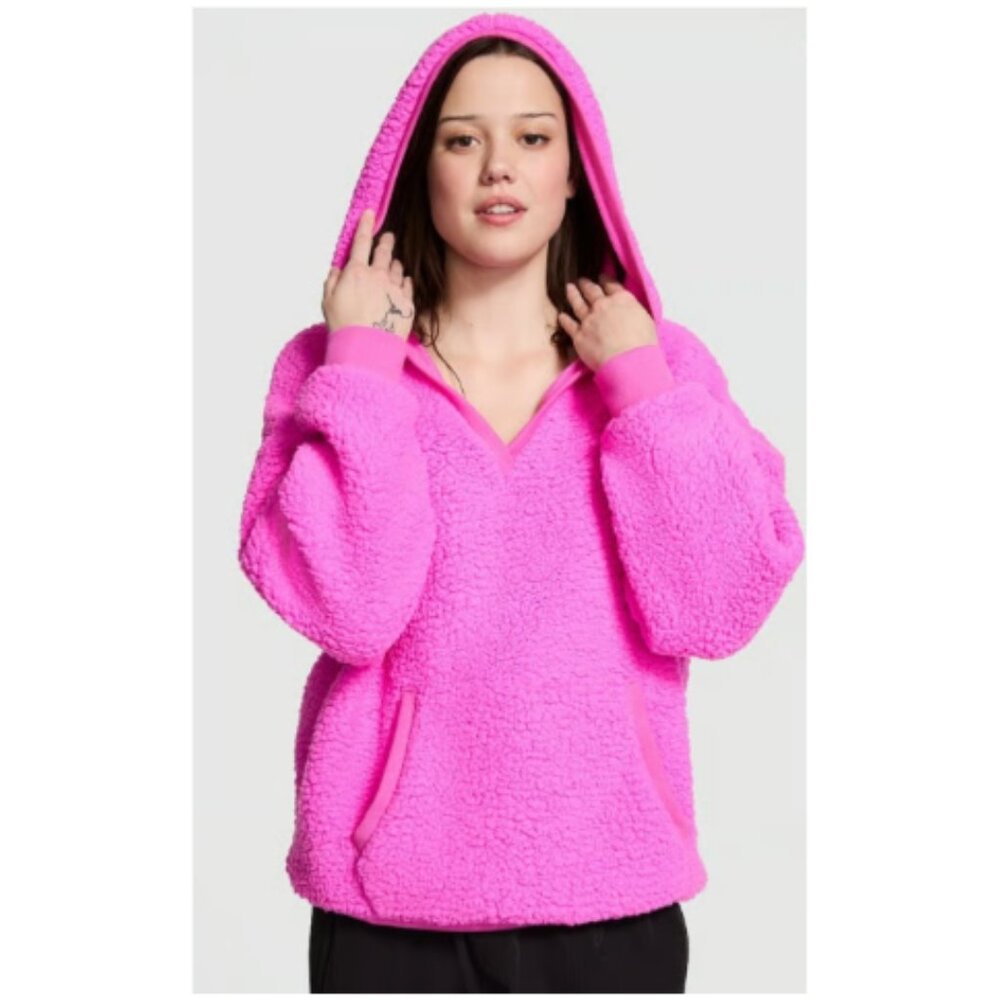 PINK Victoria' Secret Cozy Oversized Fleece Hoodie Sweatshirt In Pink Large NWT